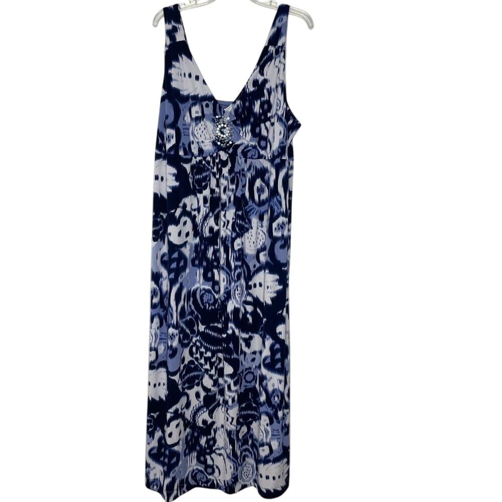 Ruby Rd. Plus Maxi Dress 1X Sleeveless Blue White Ikat Print Beaded Boho